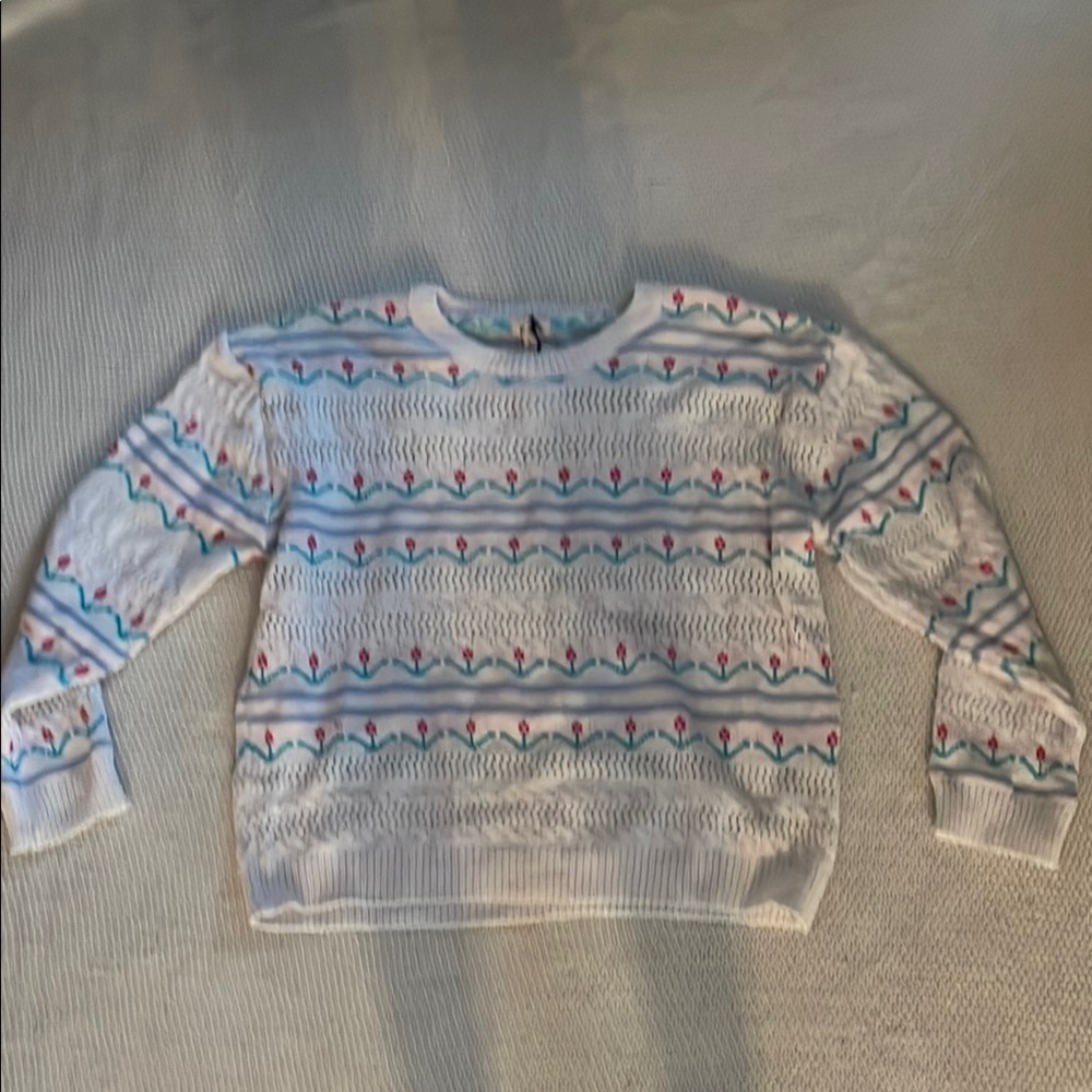 POL White and Blue Crew Neck Sweater with Nordic Pattern